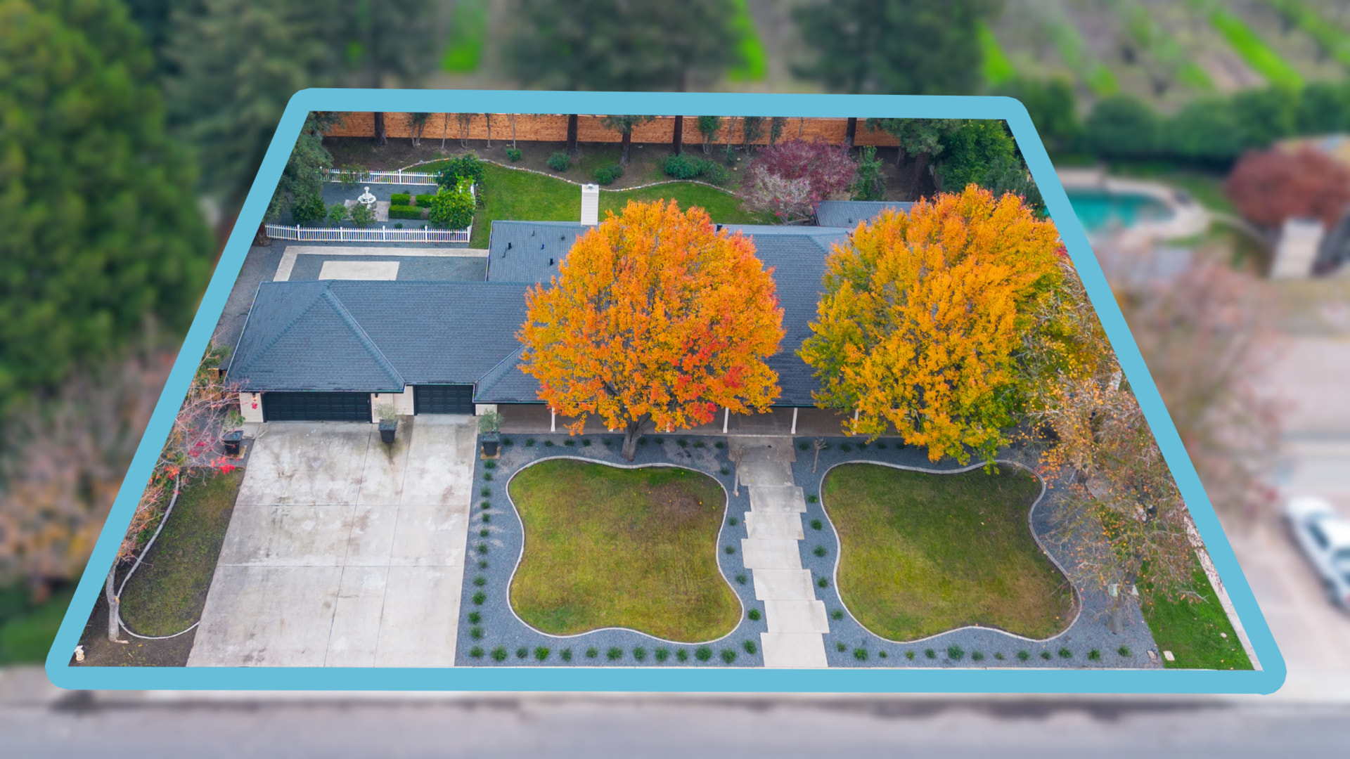 Aerial view outlining the nearly half-acre property at 7304 Spy Glass Dr